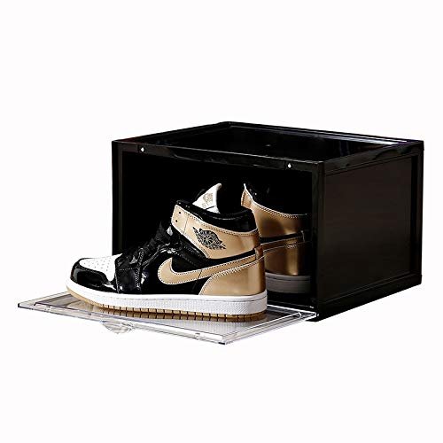 TBW magnetic drop side shoe box storage containers sneaker storage shoe storage box shoe bins Foldable Stackable Closet Shelf Shoe Organizer (black, 6pc)