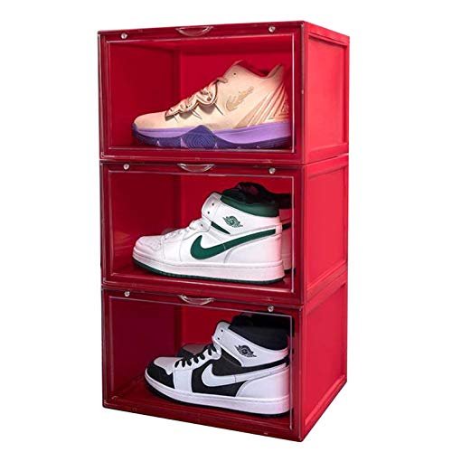 TBW magnetic drop side shoe box storage containers sneaker storage shoe storage box shoe bins Foldable Stackable Closet Shelf Shoe Organizer (red, 6pc)