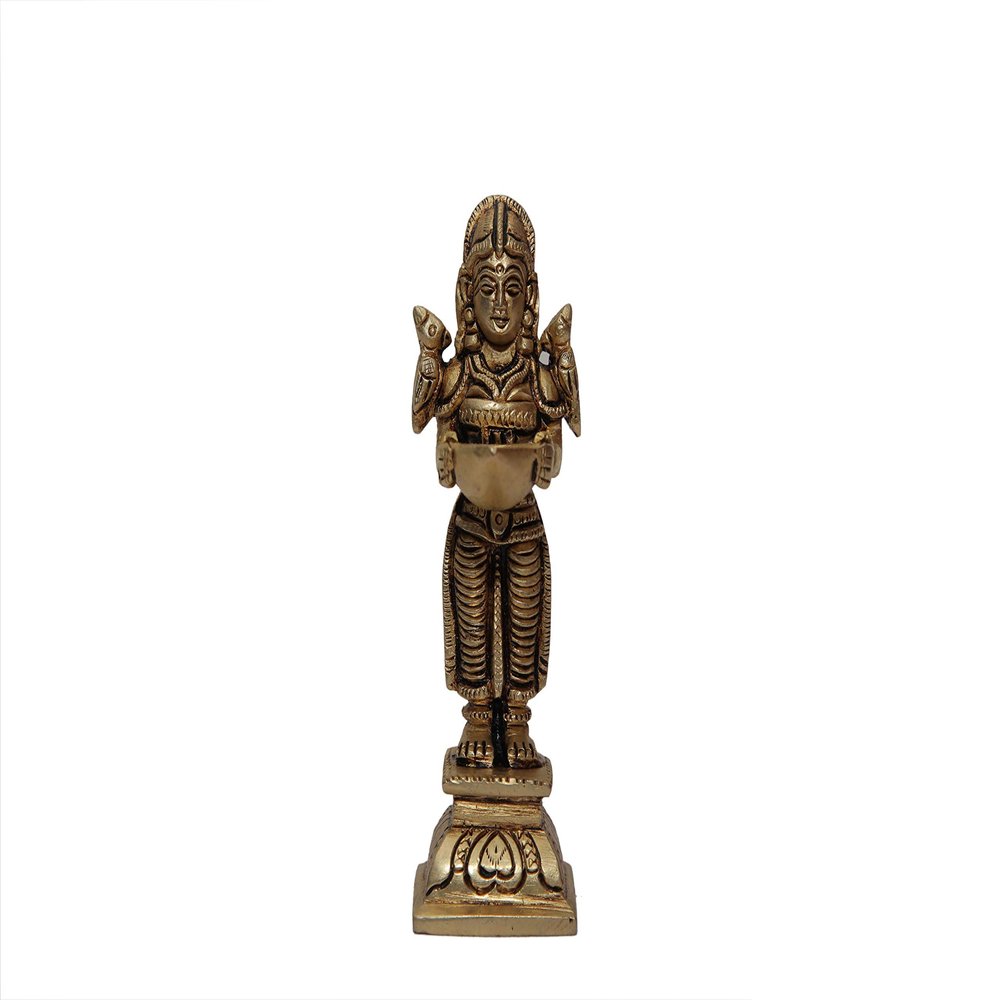 Bharat HAAAT Brass Deep Lady Small Diya Stading On Square Designing Base Oil Lamp Deepak Pooja Idol Apsara Twin Bird Home Statue Showpieces Handicraft Art (1.5 x 1.5 x 4 inch, Yellow) BH07195