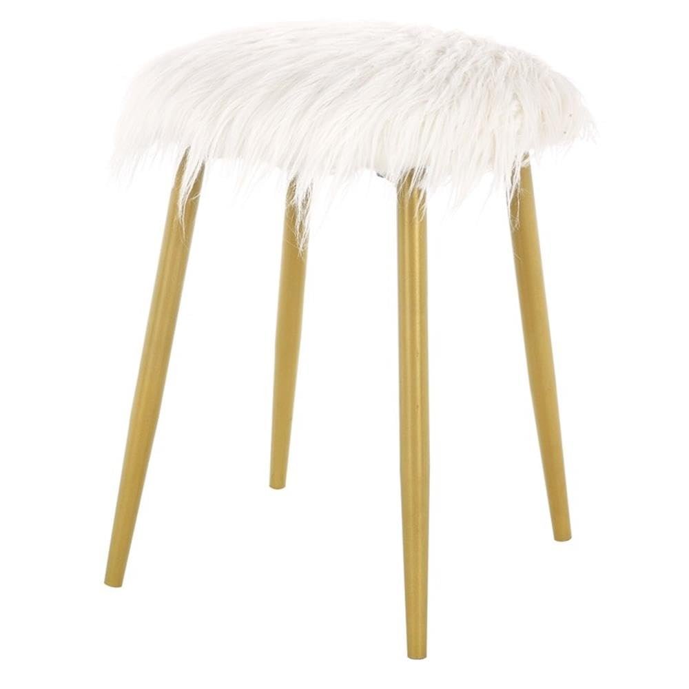 Carolina Classic Madison Faux Fur and Metal Ottoman in White Fur and Gold
