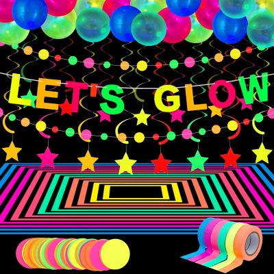 Chuangdi 44 Pcs Neon Birthday Party Decoration Glow in The Dark Party Supplies Includes Let's Glow Banner Star Hanging Swirl Fluorescent Balloons UV Black Light Reactive Tape Neon Dots