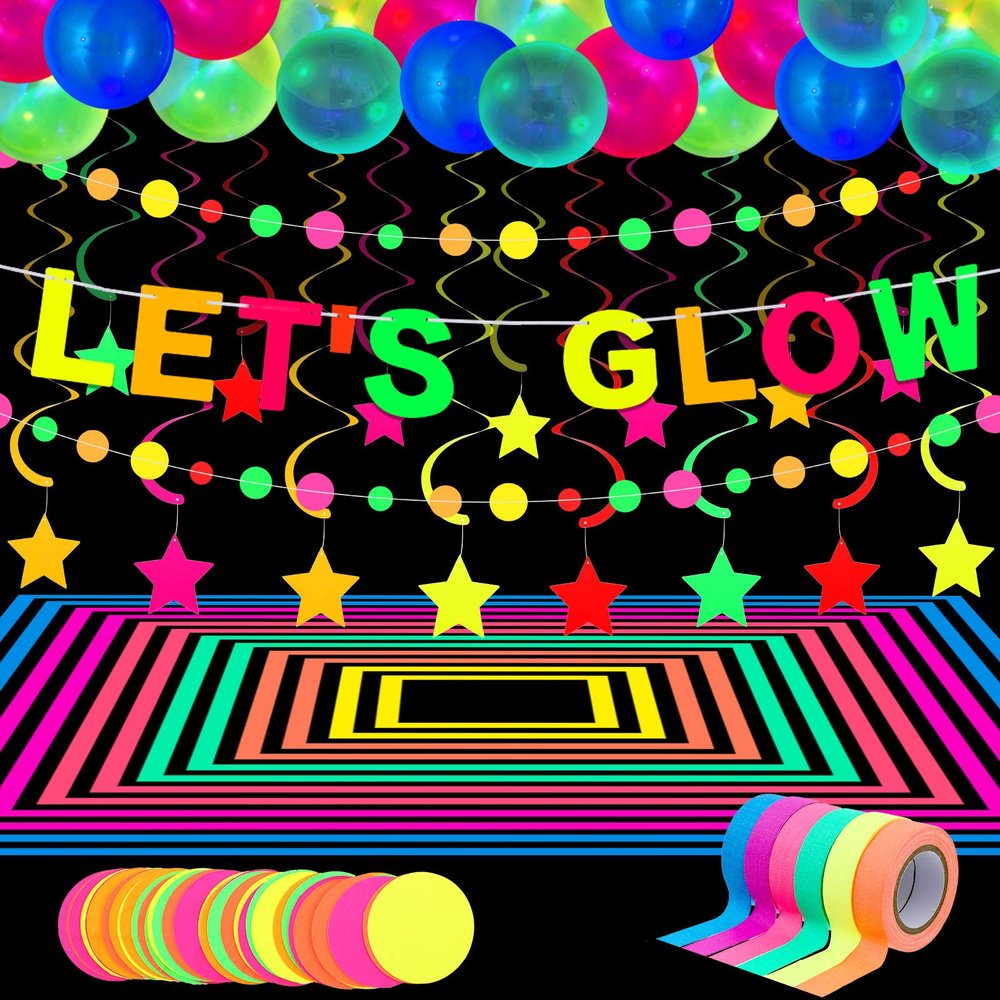 Chuangdi 44 Pcs Neon Birthday Party Decoration Glow in The Dark Party Supplies Includes Let's Glow Banner Star Hanging Swirl Fluorescent Balloons UV Black Light Reactive Tape Neon Dots