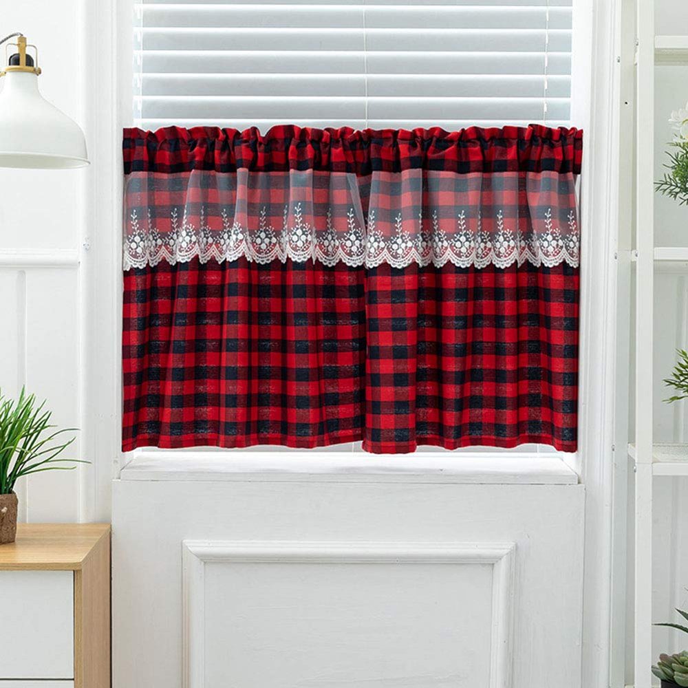 XSlive Buffalo Red and Black Plaid Curtain,Cotton Lace Window Curtains,Valance Curtains for Kitchen Cafe, 2 Pack Rod Pocket Small Window Drapes (Red,29" x 24")
