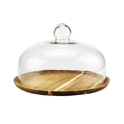 Afternoon Tea Dome, Chip & Dip Server Vintage Wooden Cake Plate Glass Dust Dome Dessert Cheese Preservation Cover (Size : 202012CM)