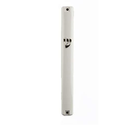 Judaica Place Plastic Mezuzah Case White Designed with Gold Shin - Easy Peel and Stick Waterproof Mezuzah Cover for 15cm Scroll