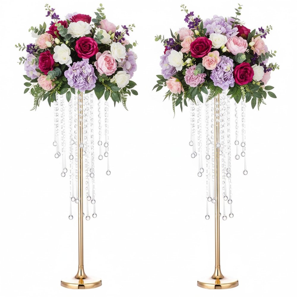 29.5in Tall Gold Wedding Centerpiece Stands, 2pcs of Metal Flower Candle Holders, Elegant Flower Vases with Sparkling Crystal Beads for Wedding Party Event Birthday Reception Home Dcor