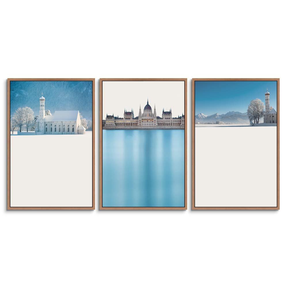 SIGNWIN 3 Piece Framed Canvas Wall Art City Covered with Snow Canvas Prints Home Artwork Decoration for Living Room,Bedroom - 16"x24"x3 Panels