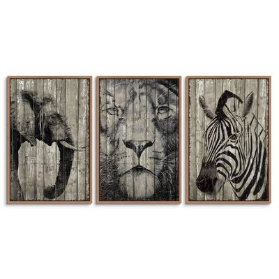 SIGNWIN 3 Piece Framed Canvas Wall Art Elephant, Tiger and Zebra Canvas Prints Home Artwork Decoration for Living Room,Bedroom - 16"x24"x3 Panels