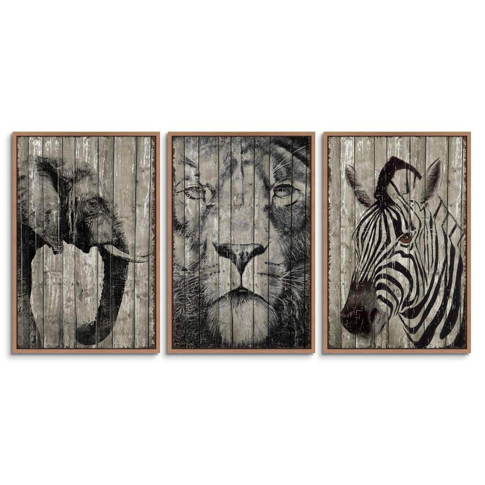 SIGNWIN 3 Piece Framed Canvas Wall Art Elephant, Tiger and Zebra Canvas Prints Home Artwork Decoration for Living Room,Bedroom - 16"x24"x3 Panels