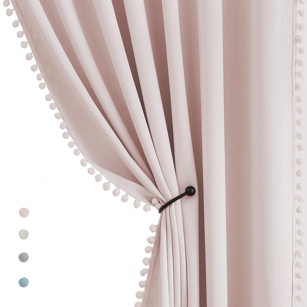 Treatmentex Pom Pom Curtains for Bedroom Pink Girls Room Blackout Window Drapes 63" Energy Efficient Thermal Insulated Living Room Darkening Curtain Panels 2pcs