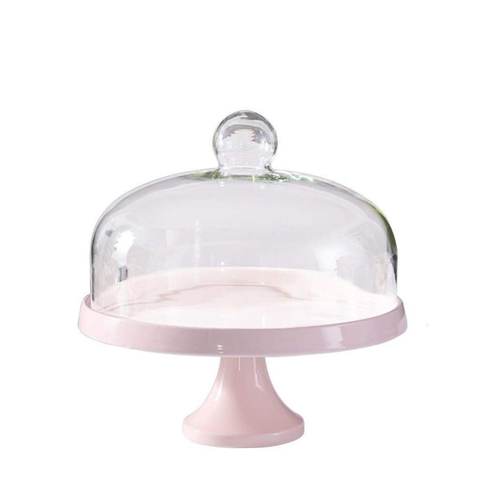 9/11" Cake Stand, High Base Ceramic Disc Party Dessert Tasting Tray Glass Dome Cheese Fruit Preservation Cover Chip & Dip Server (Color : Pink, Size : 232326CM)