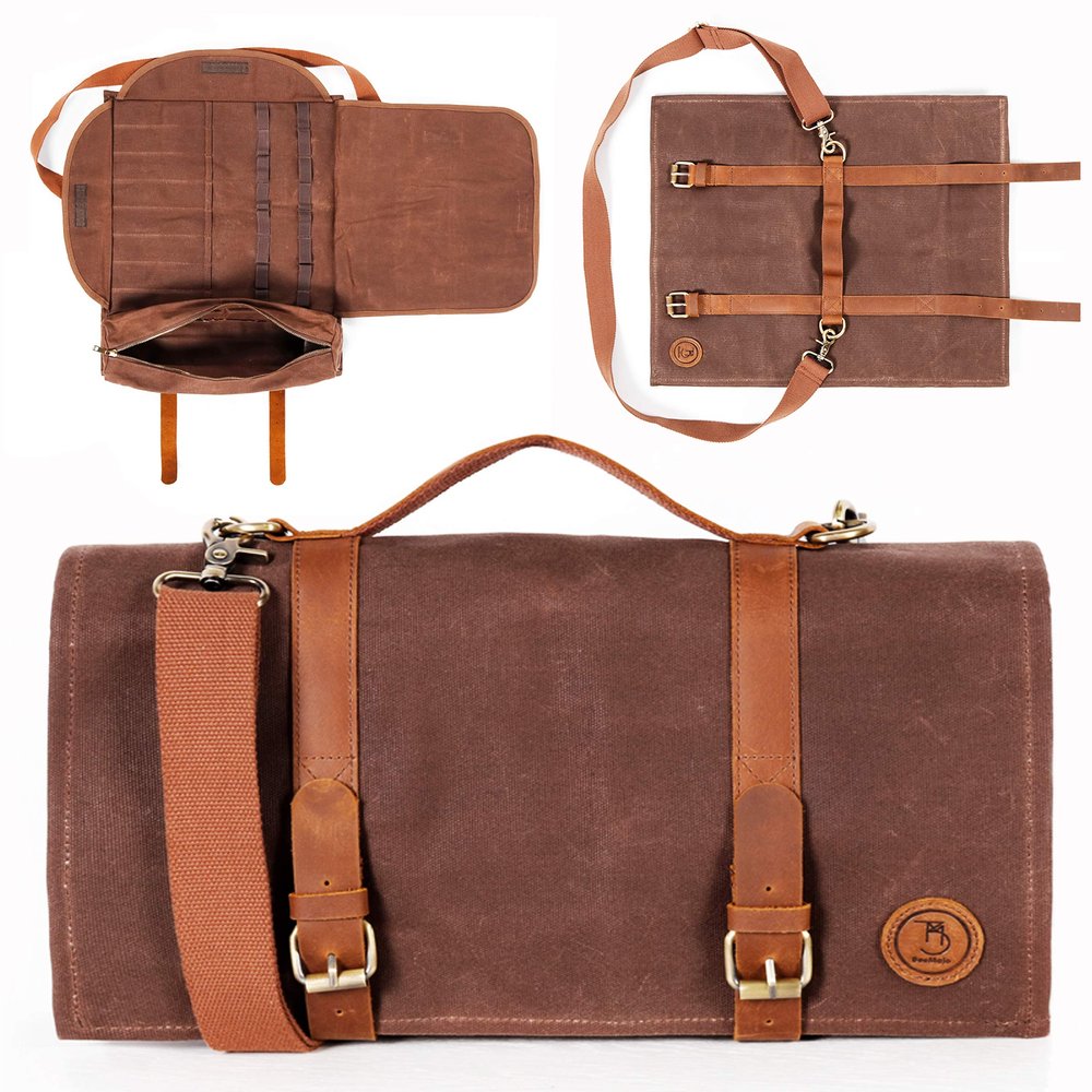 Beemojo Bartender tool bag waxed canvas water resistant adjustable shoulder straps genuine leather handles 16 pockets holds 33oz bottle mobile travel design - Bag ONLY
