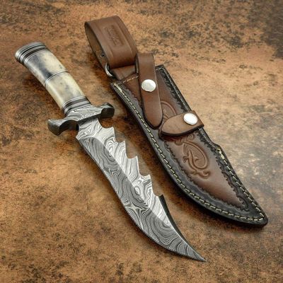 Damascus KE-01186-HK Custom and Handmade Steel Hunting Knife with Leather Sheath