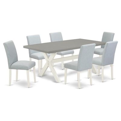 East West Furniture X097AB015-7 7 Piece Dining Set Consist of a Rectangle Dining Room Table with X-Legs and 6 Baby Blue Linen Fabric Upholstered Parson Chairs, 40x72 Inch, Multi-Color