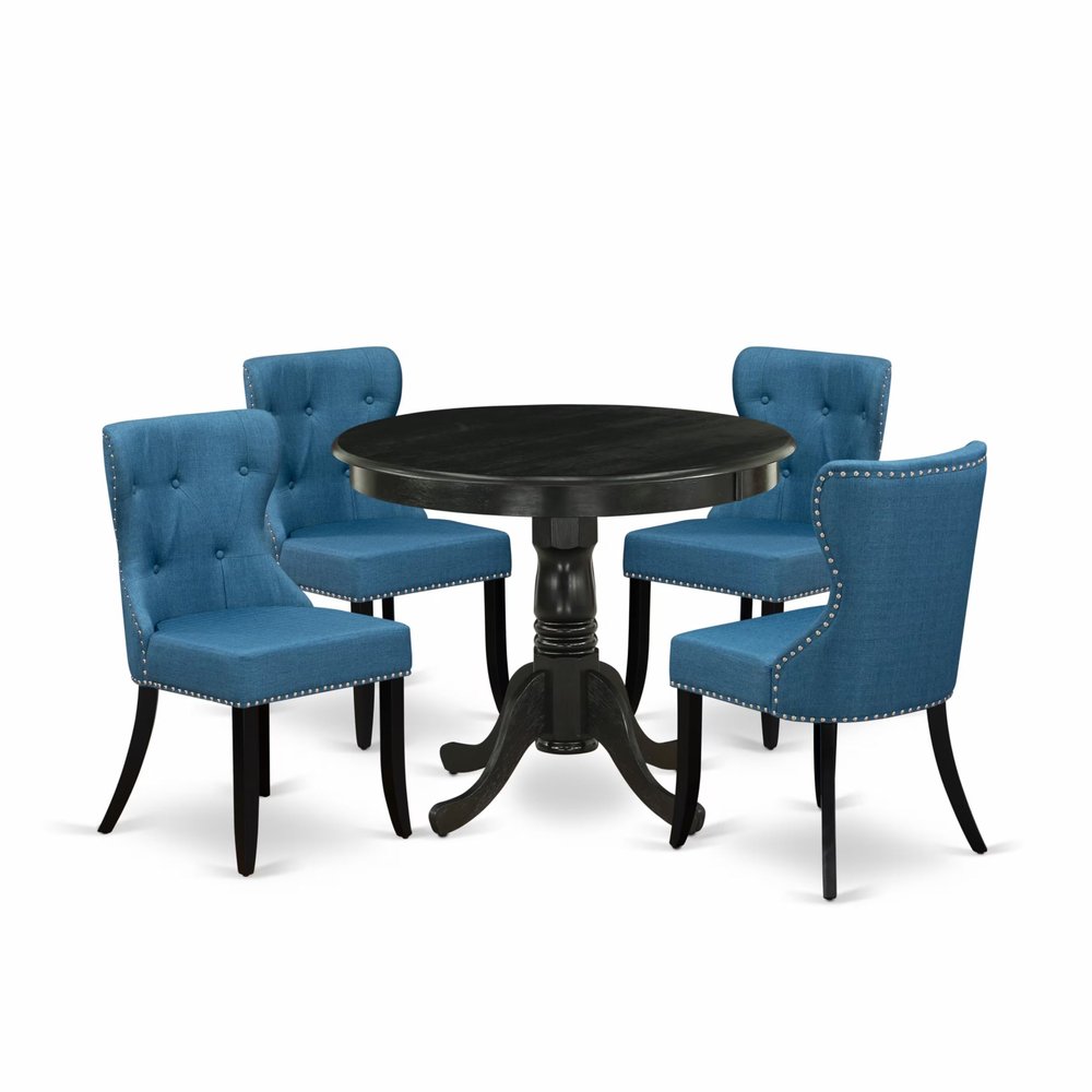 East West Furniture ANSI5-ABK-21 5 Piece Kitchen Table & Chairs Set Includes a Round Dining Room Table with Pedestal and 4 Blue Linen Fabric Parsons Dining Chairs, 36x36 Inch, Wirebrushed Black