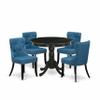 East West Furniture ANSI5-ABK-21 5 Piece Kitchen Table & Chairs Set Includes a Round Dining Room Table with Pedestal and 4 Blue Linen Fabric Parsons Dining Chairs, 36x36 Inch, Wirebrushed Black view 1