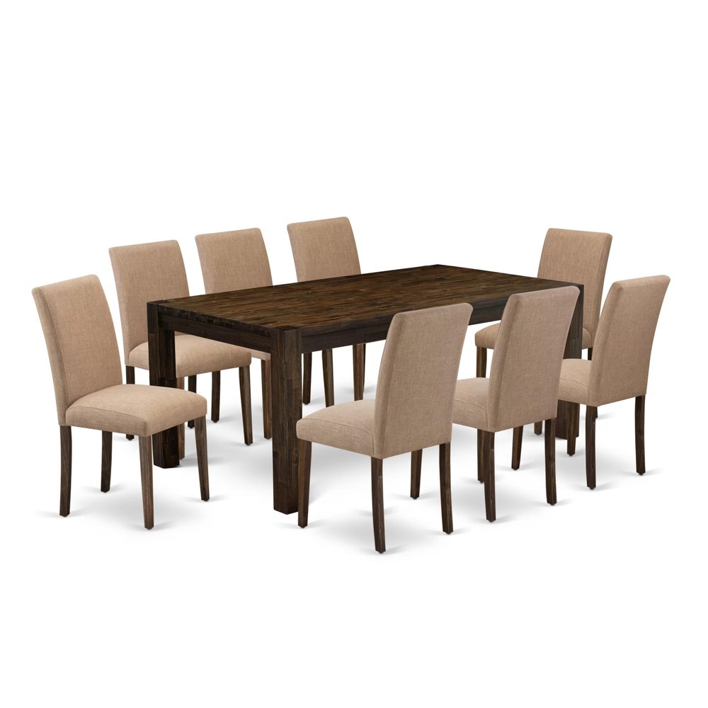 East West Furniture LMAB9-77-47 9 Piece Dining Room Set Includes a Rectangle Rustic Wood Kitchen Table and 8 Light Sable Linen Fabric Upholstered Parson Chairs, 40x72 Inch, Jacobean