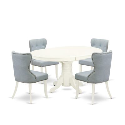 East West Furniture AVSI5-LWH-15 5 Piece Kitchen Set for 4 Includes an Oval Dining Room Table with Butterfly Leaf and 4 Baby Blue Linen Fabric Parson Dining Chairs, 42x60 Inch, Linen White