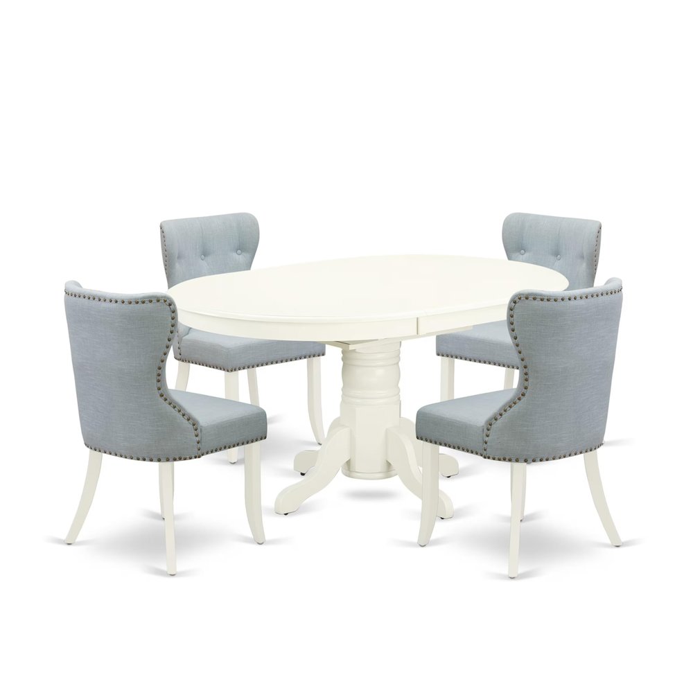 East West Furniture AVSI5-LWH-15 5 Piece Kitchen Set for 4 Includes an Oval Dining Room Table with Butterfly Leaf and 4 Baby Blue Linen Fabric Parson Dining Chairs, 42x60 Inch, Linen White