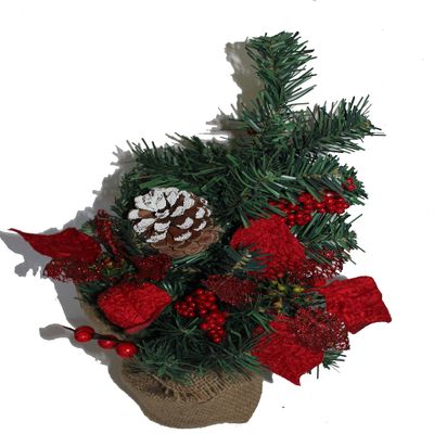 18" Tall Table Top Artificial Mini Christmas Tree in Green, with Red Berries, Red Poinsettia Flower and Snowed Pine Cones