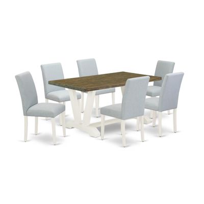 East West Furniture V076AB015-7 7 Piece Dining Table Set Consist of a Rectangle Dining Room Table with V-Legs and 6 Baby Blue Linen Fabric Parsons Chairs, 36x60 Inch, Multi-Color