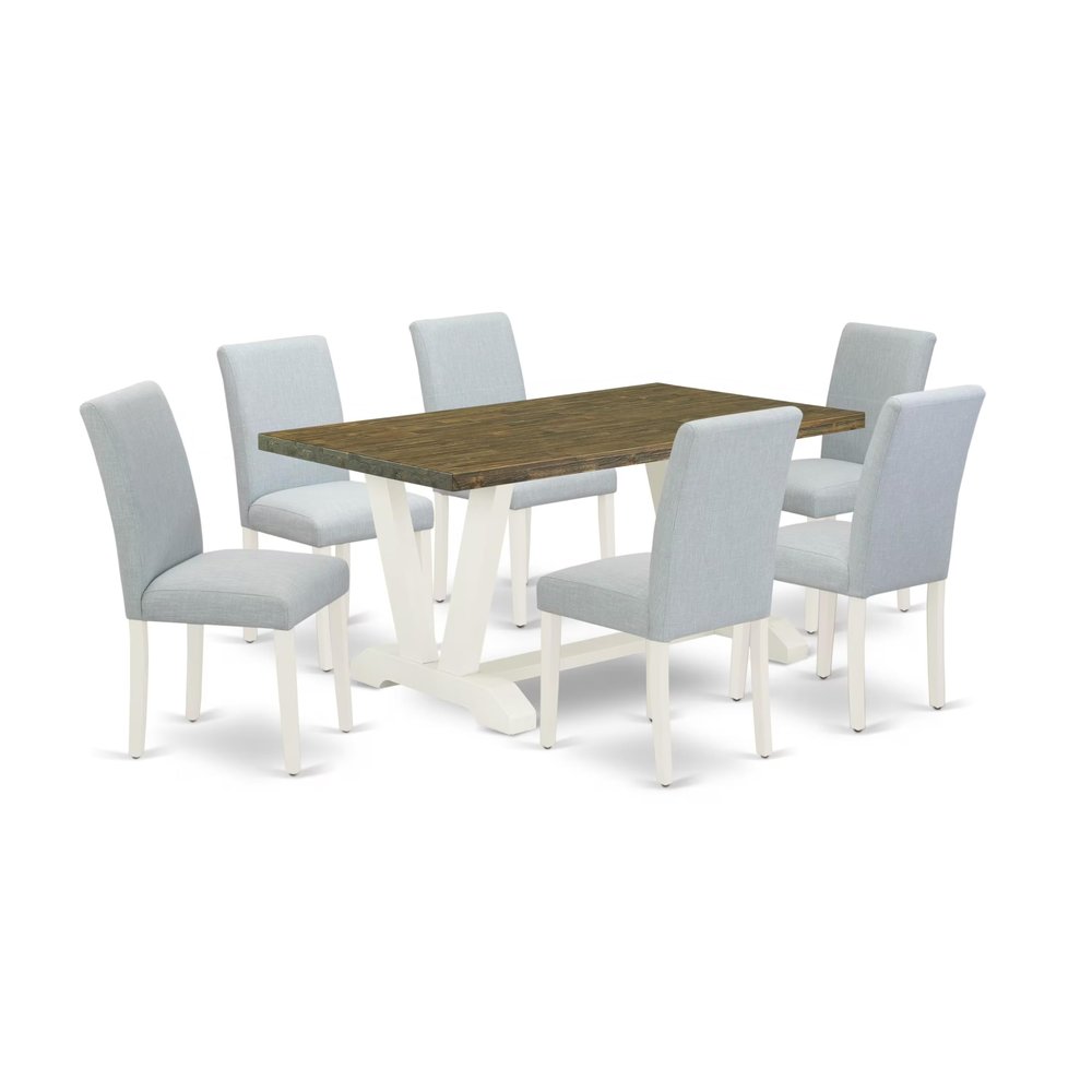 East West Furniture V076AB015-7 7 Piece Dining Table Set Consist of a Rectangle Dining Room Table with V-Legs and 6 Baby Blue Linen Fabric Parsons Chairs, 36x60 Inch, Multi-Color