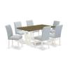 East West Furniture V076AB015-7 7 Piece Dining Table Set Consist of a Rectangle Dining Room Table with V-Legs and 6 Baby Blue Linen Fabric Parsons Chairs, 36x60 Inch, Multi-Color view 1