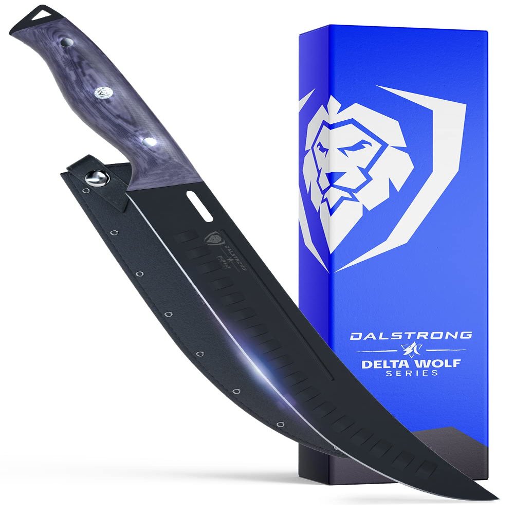 Dalstrong Butcher Knife - 10 inch Delta Wolf Series - Ultra-Thin Zero Friction Blade - HC 9CR18MOV Steel - Black Titanium Nitride Coating - Breaking Knife - G10 Camo Handle - Leather Sheath