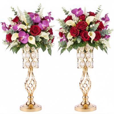 20in Metal Crystal Wedding Centerpiece Vases for Tables, Set of 2 Gold Trumpet Flower Vase Stands for Wedding Party Reception Dining Room Living Room Home Dcor