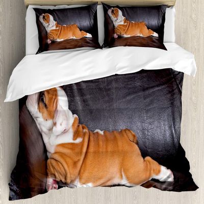Ambesonne English Bulldog Duvet Cover Set, Puppy Resting on a Sofa Funny Animal Photography Canine, Decorative 3 Piece Bedding Set with 2 Pillow Shams, California King, Seal Brown White Brown