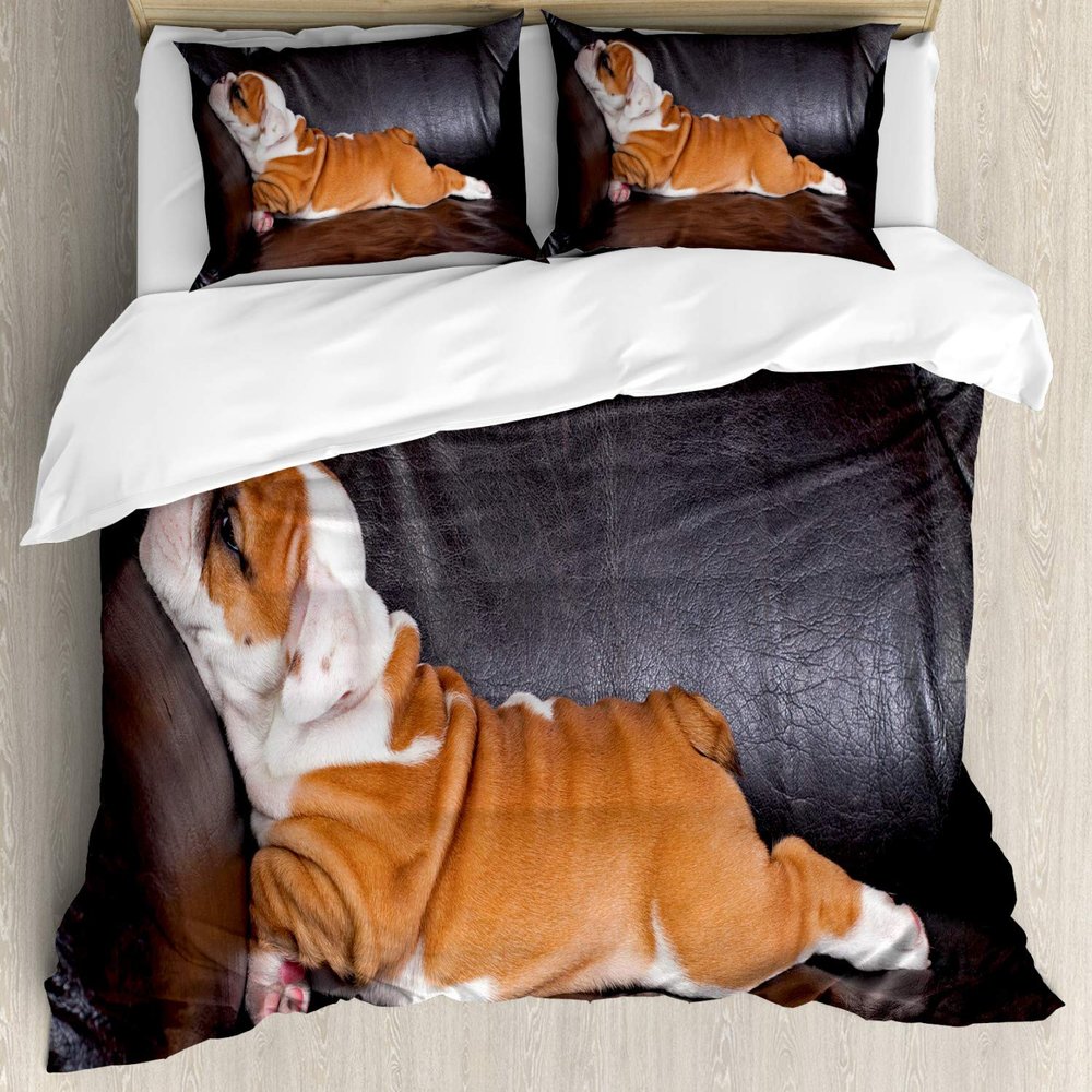 Ambesonne English Bulldog Duvet Cover Set, Puppy Resting on a Sofa Funny Animal Photography Canine, Decorative 3 Piece Bedding Set with 2 Pillow Shams, California King, Seal Brown White Brown