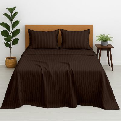 Cottington Lane Premium Quality 100% Egyptian Cotton 4 Piece California King Size Bed Sheet Set Fits 12 inch Deep Pocket Mattress, Naturally Cool& Durable Luxury Bedding, Chocolate Stripe