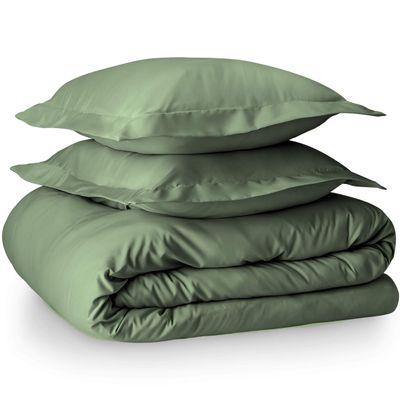 100% Egyptian Cotton 3 Piece Short-Queen Duvet Cover and Pillow Shams, Premium Hotel Comforter Quilt Cover, 800 Thread-Count Breathable Sateen-Weave Zipper Closure, Corner-Ties - Short-Queen, Sage