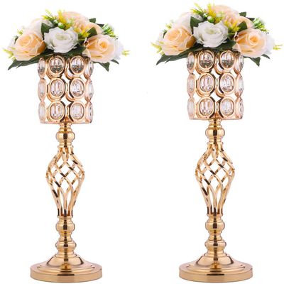 24in Metal Diamond Crystal Wedding Centerpiece Vases for Tables, Set of 2 Gold Versatile Tall Flower Holders Centerpiece Flower Stands for Wedding Party Reception Dining Room Living Room Home Dcor