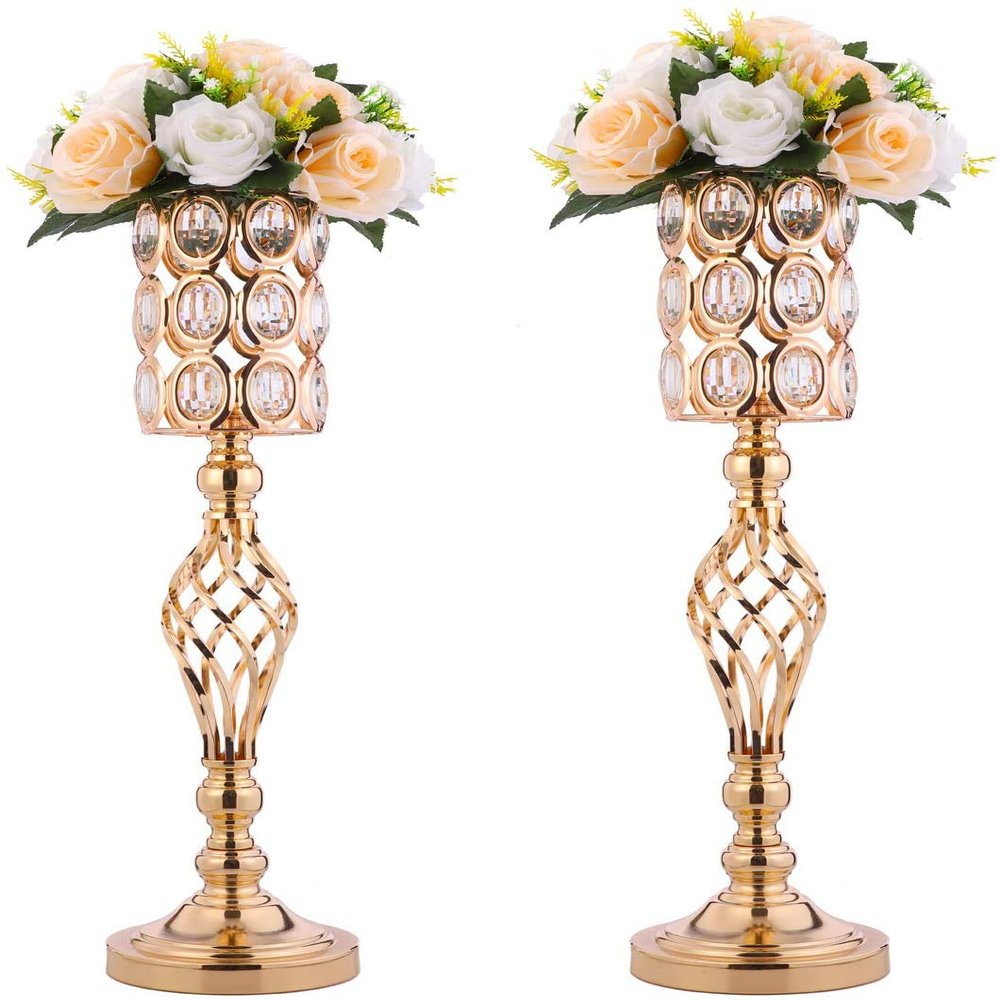24in Metal Diamond Crystal Wedding Centerpiece Vases for Tables, Set of 2 Gold Versatile Tall Flower Holders Centerpiece Flower Stands for Wedding Party Reception Dining Room Living Room Home Dcor