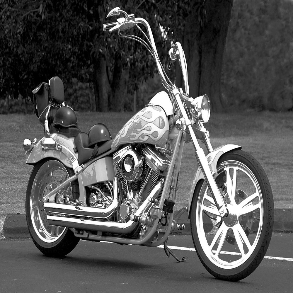 Iconic Arts Motorcycle with Flames B/W Laminated Poster 24x36