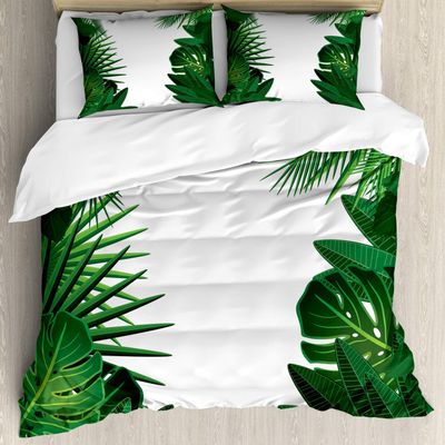 Ambesonne Leaf Duvet Cover Set, Exotic Fantasy Hawaiian Tropical Palm Leaves Floral Graphic Artwork Print, Decorative 3 Piece Bedding Set with 2 Pillow Shams, California King, Green White