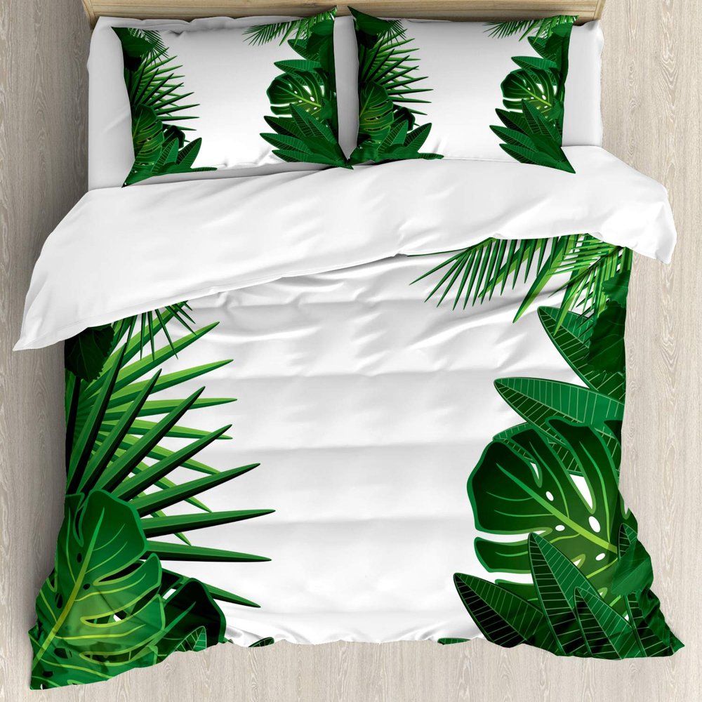 Ambesonne Leaf Duvet Cover Set, Exotic Fantasy Hawaiian Tropical Palm Leaves Floral Graphic Artwork Print, Decorative 3 Piece Bedding Set with 2 Pillow Shams, California King, Green White