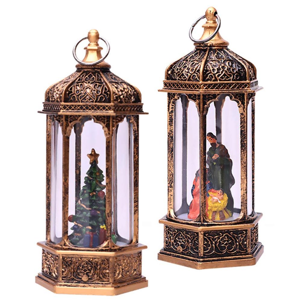 BESPORTBLE 2pcs Retro Hexagonal Wind Lantern Night Light for Christmas Tabletop Decor Warm Light Indoor Decorative Lamp Vintage Style for Holiday Home Decoration