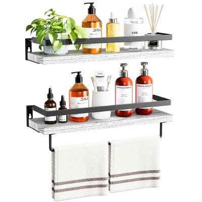 AMADA HOMEFURNISHING Bathroom Shelves with Towel Bar, Floating Shelves, Wall Shelves for Bathroom/Living Room/Kitchen/Bedroom, White, Set of 2 - AMFS01W