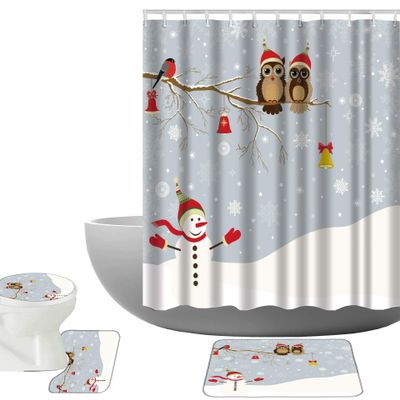 Amagical Christmas Branch with Owls Bells and Bird and Snowman Pattern 4 Piece Bathroom Mat Set Shower Curtain Set Bath Mat Contour Mat Toilet Cover Shower Curtian 12 Hooks