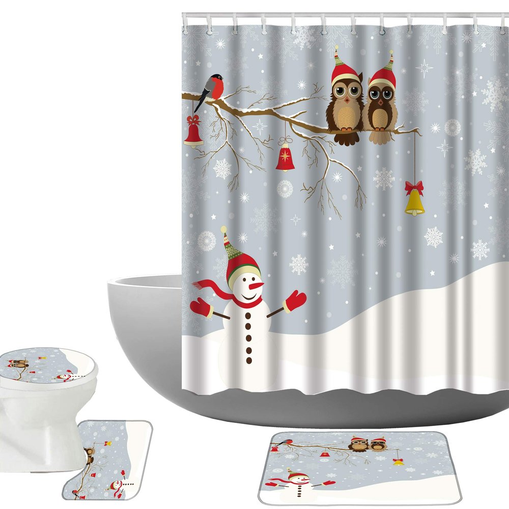 Amagical Christmas Branch with Owls Bells and Bird and Snowman Pattern 4 Piece Bathroom Mat Set Shower Curtain Set Bath Mat Contour Mat Toilet Cover Shower Curtian 12 Hooks