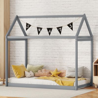 Twin Bed for Kids, Solid Wood House Shape Floor Bed Frame, Can Decorate Tent Bedroom Furniture for Boys and Girls, Slats Support The Mattress (Gray)