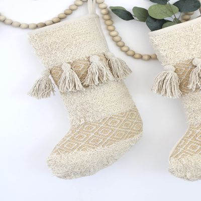 CASA BOHO Boucle Christmas Stocking, Boho Holiday Stocking with Tassels, Fireplace Mantel Hanging Ornament, Neutral Christmas Decor, Scandinavian, Nordic, Cream Golden