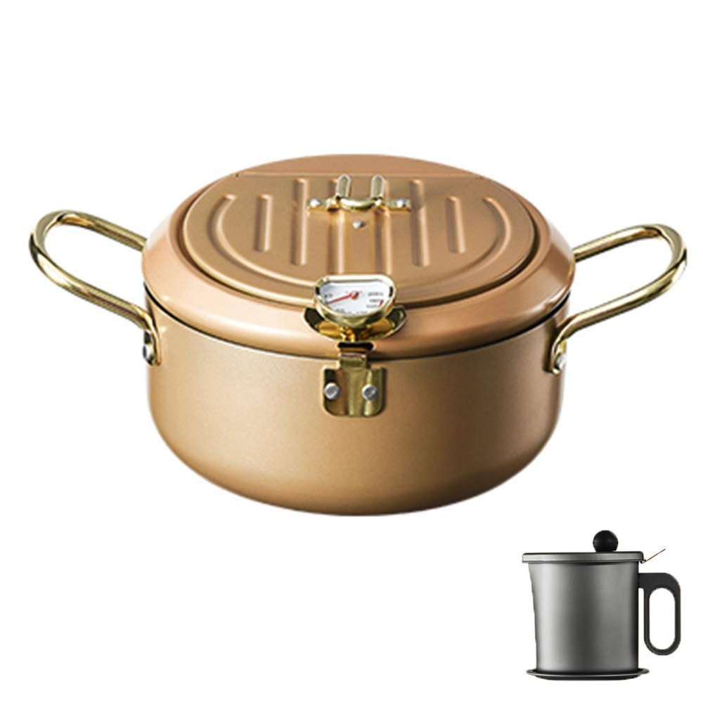 Fryer with Thermometer, Household Temperature Control And Oil-Saving Small Fryer, Non-Stick Deep Frying Pan, Japanese Style Tempura Frying Pan,D