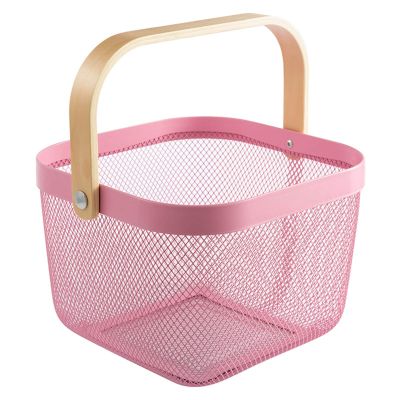 AJIODA Metal Mesh Steel Basket, Storage Organizer Basket Multi-functional Hanging Kitchen Baskets Fruit Basket Bin with Bamboo Handle for Kitchen Bathroom Picnic Shopping Decor Cabinet Home, Pink