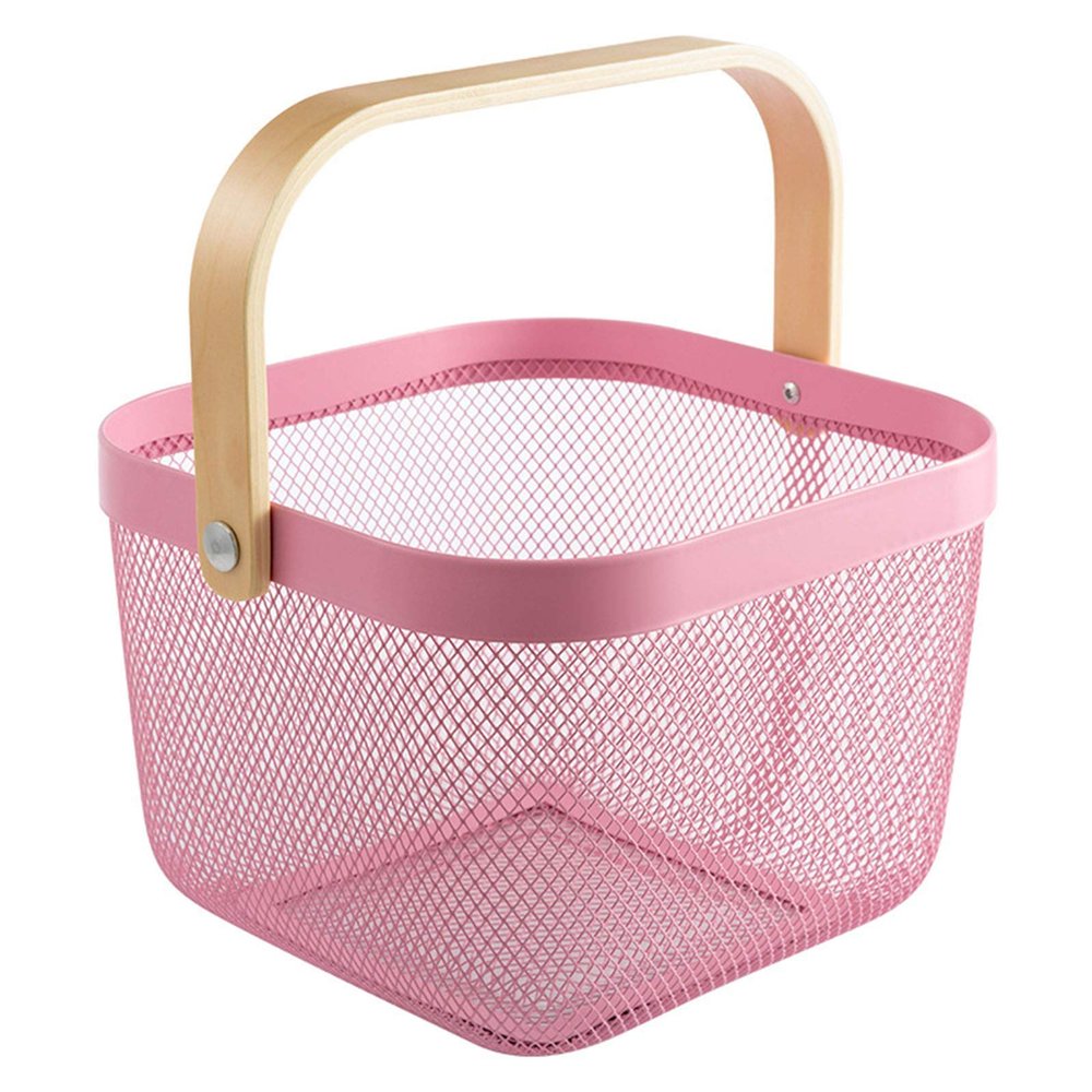 AJIODA Metal Mesh Steel Basket, Storage Organizer Basket Multi-functional Hanging Kitchen Baskets Fruit Basket Bin with Bamboo Handle for Kitchen Bathroom Picnic Shopping Decor Cabinet Home, Pink