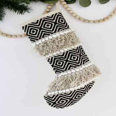 Casa Boho Christmas Stocking - Black Fringe Textured Holiday Stocking, Neutral Christmas Decor, Scandinavian Nordic Tribal Mantel Hanging Decorations, Black White Beige