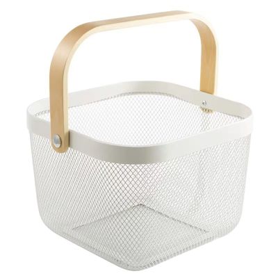 AJIODA Metal Mesh Steel Basket, Storage Organizer Basket Multi-functional Hanging Kitchen Baskets Fruit Basket Bin with Bamboo Handle for Kitchen Bathroom Picnic Shopping Decor Cabinet Home, White