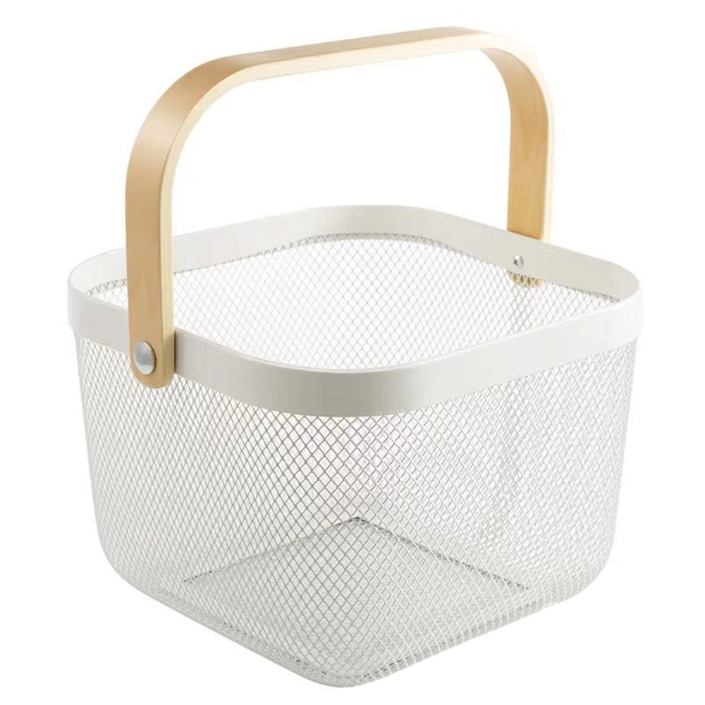 AJIODA Metal Mesh Steel Basket, Storage Organizer Basket Multi-functional Hanging Kitchen Baskets Fruit Basket Bin with Bamboo Handle for Kitchen Bathroom Picnic Shopping Decor Cabinet Home, White